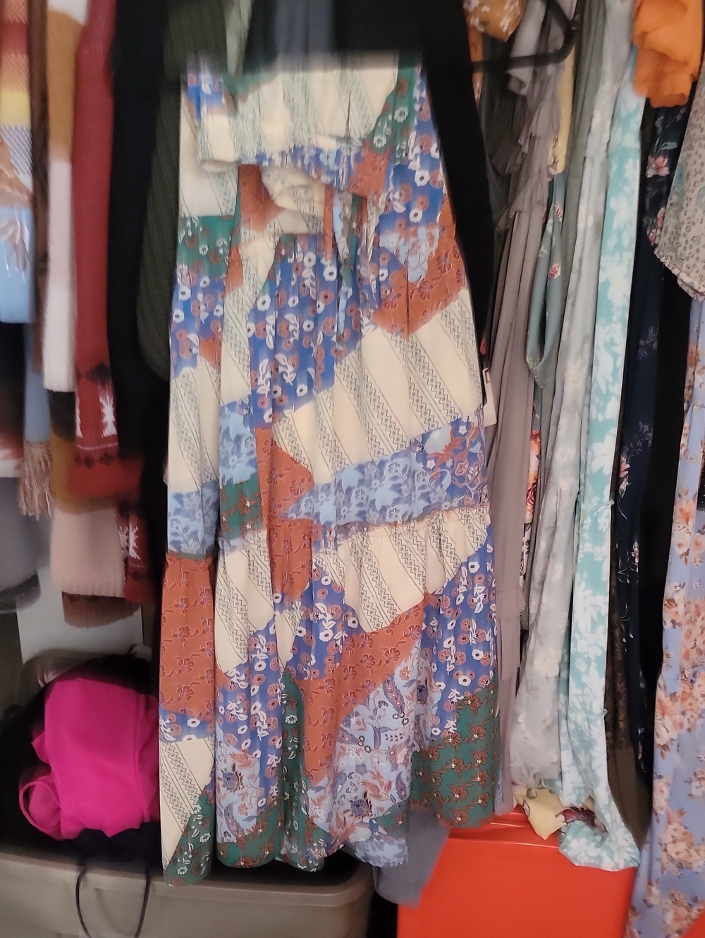 Floral Patchwork Maxi Skirt in Blue, Rust & Green